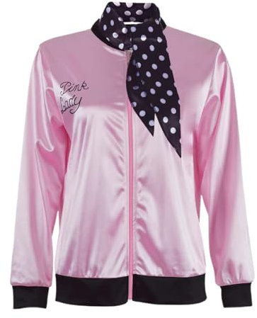 Ladies Giacca in raso Giubbotto rosa con sciarpa in polka dot 1950s Costume Lady Giacche donne Pink per feste mascherate Halloween