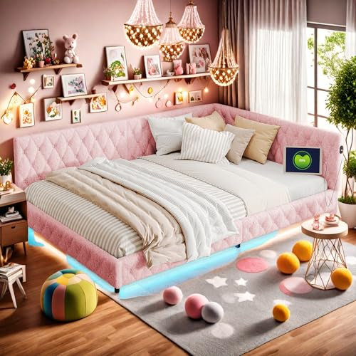 SHAODENG Polsterbett 140x200 cm mit LED und USB-Anschlussm, Jugendbett Bettgestell mit Lattenrost, Tagesbett Schlafsofa Bett Bettsofa Gästebett Funkionsbett Doppelbett, ohne Matratze, Rosa