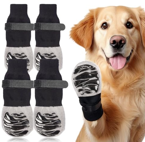 4 Paar Indoor Anti-Rutsch Socken für Hunde, Pfotenschutz Haftsocken für Drinnen, Hundesocken Anti Rutsch, Hundesocken für Hunde im Innenbereich im Freien (Tiger Claw,L)