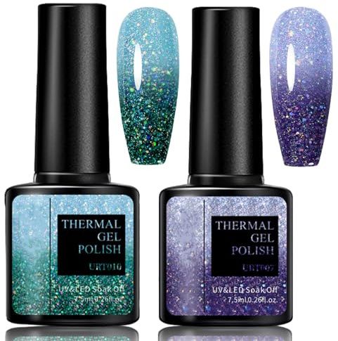 2PCS Farbwechsel UV Gel Nagellack - 7.5ml Temperatur Soak Off UV LED Nail Art Lack Gellack Set - Glitzer Grün Blau (7+10)