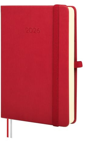 Finocam - Kalender 2026, 1 Tag pro Seite, Januar - Dezember (12 Monate), Jahresplaner 2026, mit Gummizug und 2 Strickbändern, fester Einband, minimale Textur, Rot, Spanisch