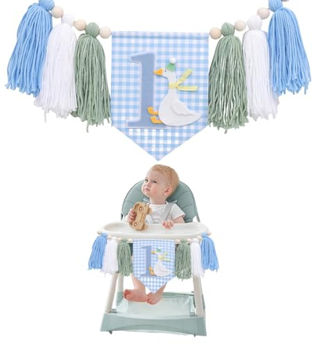 GlamRays 1 Geburtstag Hochstuhl Banner Eine Gans Dekorationen Blumen Rasen Party Foto Requisiten Lustige Tassel Banner (Blau Gans Geburtstags Banner)