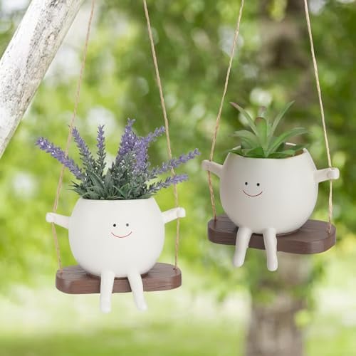 WRENYZK 2 Pcs Hanging Plant Pots, Cute Swinging Pot Plant, Resin Succulent Planter, Funny Plant Holder with Hooks and Transplanting Tools, Suitable for Indoor Outdoor Decoration,Mother's Day