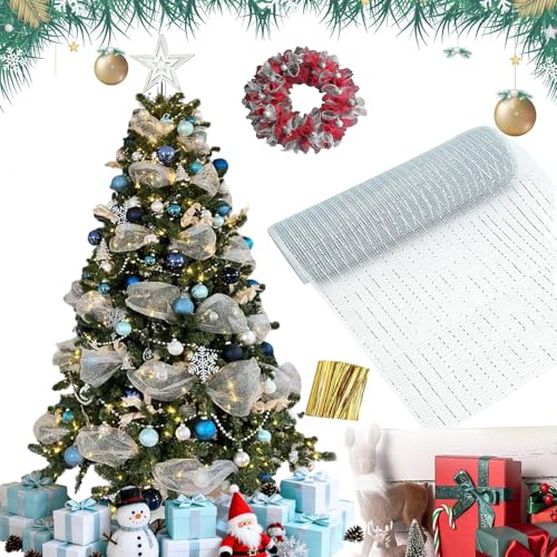 Ghirlanda di decorazioni natalizie,ghirlanda di alberi di Natale,nastro in rete di lamina d'oro,decorazione del giardino di ringhiera per feste di nozze di Pasqua 26cmx9,14m (grigio + argento)