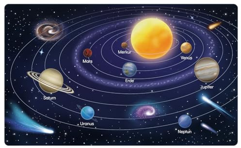 Schreibtischunterlage für Kinder - Planeten des Sonnensystems - 70 x 40 cm - Doppelseitige PU-Leder Schreibunterlage - Abwischbare und weiche Malunterlage