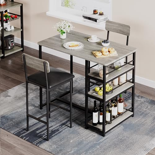 WEJIUAFB Bar Table Set, Dining Table Set for 2 with 3 Storage Shelves, Tall Kitchen Breakfast Nook With Padded Cushion Stools, Space-Saving Dining Set for Small Spaces, Apartment, Gray