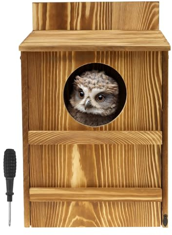 Owl House, Circular Opening Wood Owl Nesting Box, Large Size Bird Box with 2 Scratching Poles on the Outside, Assembly Required, with Mounting Screws, for Gardens