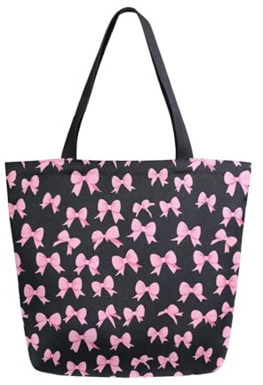SUABO Pink Bow Black Background Tote Bag Canvas Tote Bags for Women Shoulder Bag, Reusable Shopping Bag for Travel Grocery