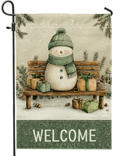 Gartenflagge Schneemann, festliche Geschenke, Bank, Winter, grüne Jute, doppelseitig, kleine Gartenflagge für den Außenbereich, Rasen, Veranda, Terrasse, Eingang, 30,5 x 45,7 cm