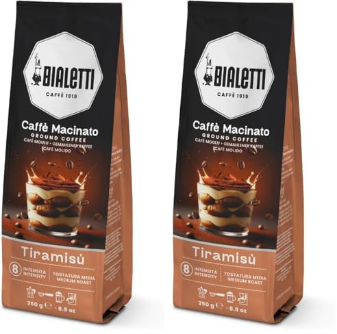 Bialetti Café moulu universel 250 g – Mélange aromatisé au Tiramisu, compatible cafetière Moka, French Press et machines espresso (Lot de 2)