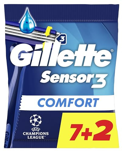 Gillette Rasoir Jetable pour Hommes Sensor 3, pack de 9, Bleu | Lames au Revêtement Chromé Tête Pivotante, Bande Lubrifiante Comfortgel