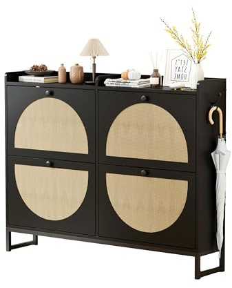 FUSIDE Rattan Flip Shoe Cabinet with Side Hook, 4-Door Shoe Organizer Shoe Freestanding with Top Shelf,Shoe Cupboard for Hallway, Living Room, Gateway,Wooden Entryway Storage Unit (Black+Natural)