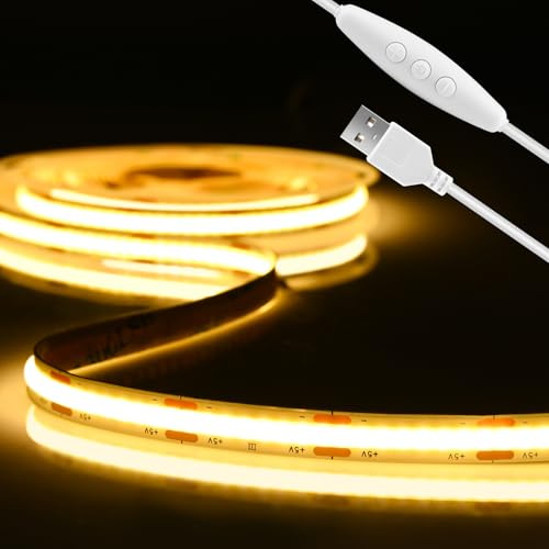 Yisica Striscia LED COB USB da 2 m, 5 V, 640 LED, bianco caldo, 3000 K, dimmerabile, CRI85+, luce a nastro flessibile per monitor TV, retroilluminazione, specchio, armadio, armadio, casa fai da te