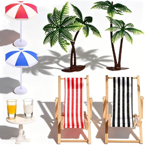 DASHUI Strand Miniaturlandschaft Set, mit Mini Palmen Liegestühlen Sonnenschirmen Getränken und Rundem Couchtisch für Puppenhaus Dekoration, DIY Bastelarbeiten und Sandkasten