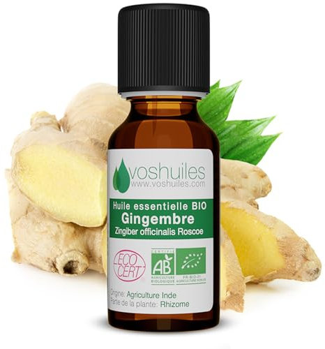Voshuiles - Huile Essentielle Gingembre Bio 10ml - Energisante - Parfum Frais Épicé - Digestion Bien-être - Diluer avec Huile Végétale - - 100% Pure et Naturelle - HEBBD et ECOCERT