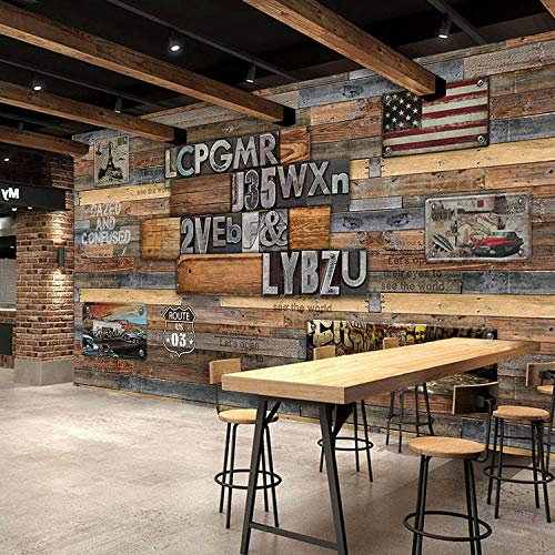 Wallpaper-3D-WYJ Grand café 3d mural bar rétro planche de bois papier peint bois grain lettres rétro internet café style industriel papier peint 250cm×170cm