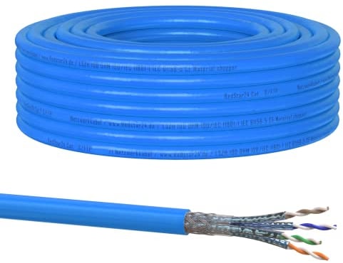 RedStar24 Câble Ethernet CAT 8 30m Bleu - Câble de Réseau CAT8.1 - Câble d'installation LAN sans halogène S/FTP, Transmission jusqu'à 40 Gbit/s, 2000MHz, Câblage de données, Cuivre solide, AWG22
