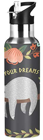 Botella de agua de acero inoxidable con pajita, diseño de unicornio con estrellas con aislamiento espacial, botella de agua deportiva, a prueba de fugas, 600 ml, color Perezoso 052, tamaño 600 ml