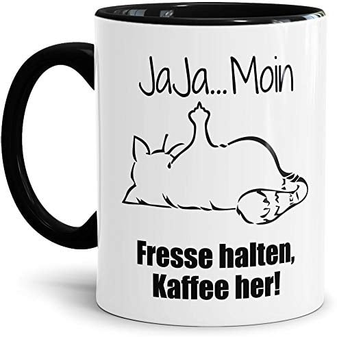 Tasse mit Spruch - Nö-Katze Ja Ja Moin - lustige Tasse für die Arbeit/Bürotasse/freche Tasse mit Katze/Geschenkidee lustig - Innen & Henkel Schwarz