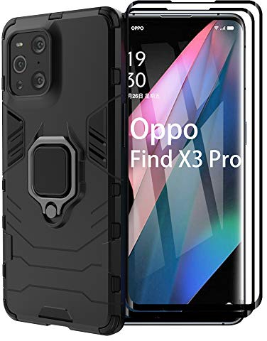 ESTH® Funda para OPPO Find X3 Pro/Find X3 con 2 Piezas Protector de Pantalla, Giratorio Soporte de 360°, Compatible con Soporte Magnético para Coche, Carcasa Negro