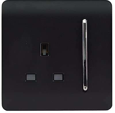 Trendi 1 Gang Raised Artistic Modern Glossy Screwless 13 Amp Single Pole with Chrome Switched UK Standard Electrical Double Wall Plug Socket in Matt Black - ART-SKT13MBK