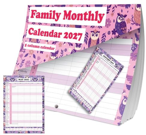 evelay 2026 Calendrier Familial Affichage Mensuel 5 Colonnes A3 en Format Ouvert Organiseur de Planificateur Mural à Suspendre (Chouette)