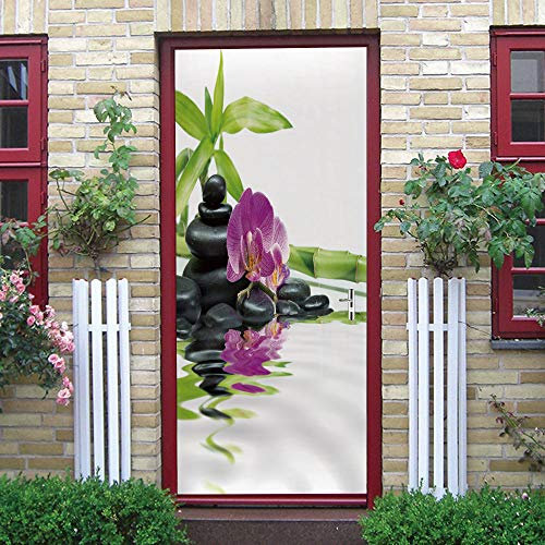 Xxellie 3D Türposter Steine Schwarz Blumen 60X200Cm Türfolie Selbstklebend 3D Türposter Türaufkleber Türtapete Door - Fototapete