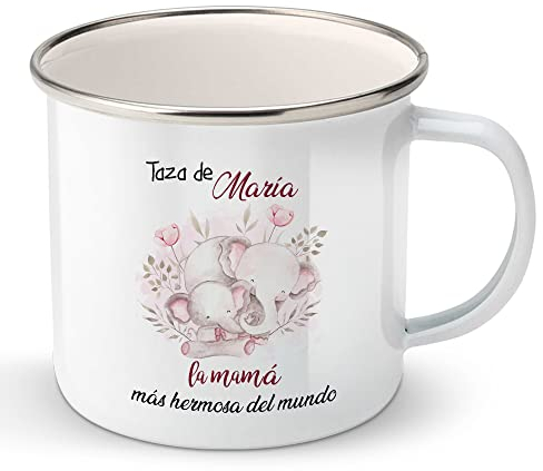 Taza de metal personalizada día de la madre con nombre, frase o mensaje, una original idea para regalar a mamá (Elefantes hermosa)
