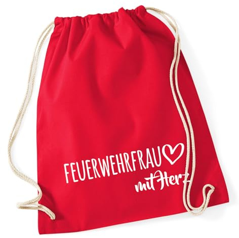 Huuraa Turnbeutel Feuerwehrfrau mit Herz Geschenk | Sportbeutel 12 Liter Classic Red Baumwolle Roter Rucksack Geschenkidee Unisex Beutel mit Kordelzug Baumwollbeutel
