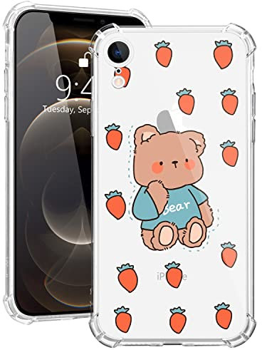 MAYCARI for iPhone XR Phone Case Cute Girls Bear Painting Design, iPhone XR Clear Girly Design Transparent Shockproof Anti-Scratch Soft Flexible TPU Cover with Air Cushion for Girls Women Children