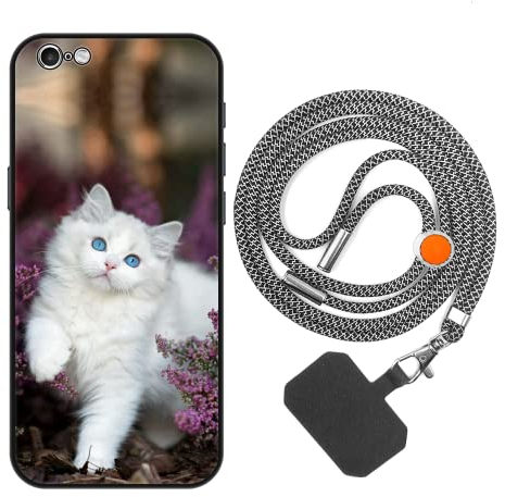 vingarshern Handyhülle Kompatibel mit iPhone 6S Hülle Silikon mit Aesthetic Muster,Stoßfest Schutzhülle mit Kordel,Weich Bumper Case mit Handykette/Umhängeban,Weiße Katze