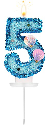 8cm Muschel Geburtstagszahl Kerze, Glitzer-Zahlkerze, Tortenaufsatz, Muschel-Pailletten, Kuchenziffer für Geburtstag, Hochzeit, Jahrestag, Meerjungfrauen-Themenparty (Blau, 5)