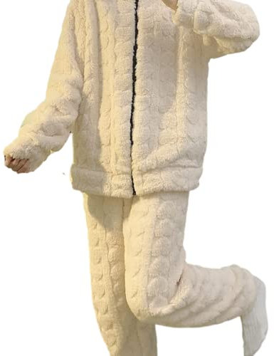 Set Pigiama in Pile Donna -Solid Color Winter Casual Women Pigiama Cardigan Cerniera Piallo Corallo Pile Ispessito Homewear 2 Pezzi Plus Size Loose Comfy Pigiameria, Bianco, 5XL