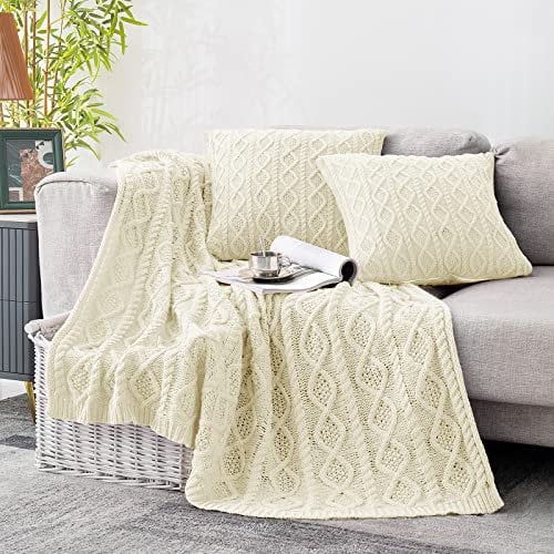 Homiest Cream White Cable Knit Throw Blanket Set, 3 Knitted Blankets (50x60) & 2 Pillow Covers (18x18), Soft & Cozy Decorative Set for Couch, Bed, Sofa