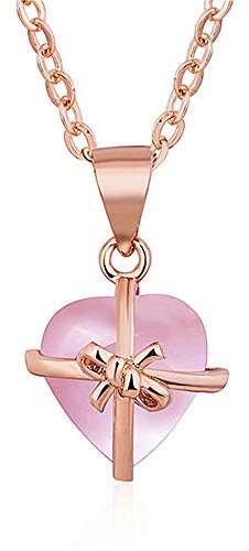 Uloveido Rose Gold Plated Simulated Rose Quartz Pink Heart Pendant Bow-Knot Love Stone Necklace Rosette Jewelry for Women Y1121-UK(Pink rosegold)