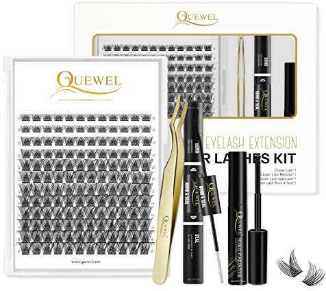 Individual Lashes 144 Cluster Lashes QUEWEL DIY Eyelash Extensions Kit, Clusters Eyelash Applicator, Cluster Lashes Bond and Seal Super Hold, Clusters Lash Glue Remover Easy to Remove(QU-H-DH-02)