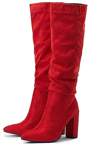 Omeslike Stivali Alti al Ginocchio con Tacco Grosso in Pelle Scamosciata da Donna, Stivali da Cavaliere A Punta per Le Donne, Ragazze Sexy Cosplay di Halloween Stivali da Tirare,Rosso,37