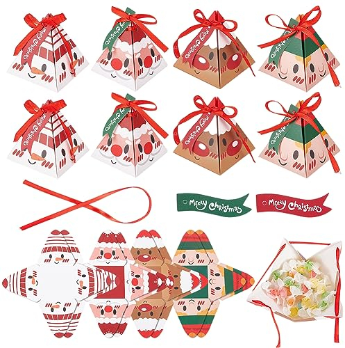 BENECREAT 32 Stück 4 Stil Weihnachtspyramiden-Papierschachteln, Weihnachtsmann-Süßigkeitsschachteln Mit Schleifenband Für Hochzeits, Weihnachtsfeier-Geschenke, 8x8x9cm