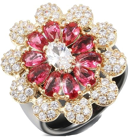 MeiLiSis Kristall-Keramikringe Für Damen – Glatte Schwarze Keramikringe, Übergröße, Rote Blume, Zirkonia, Für Damen, Ehering, Verlobungsschmuck, Geschenkzubehör, Wie Abgebildet, 8