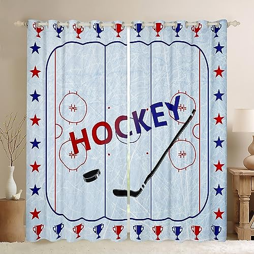 Manfei Eishockey Vorhänge 3D Hockey Rink Fenster Vorhang Kinder Wintersport Spiele Fenster Vorhänge Jungen Mädchen Jugendzimmer Dekor Rot Blau Geometrische Linien Fenster Vorhänge,2 Platten,XL Größe
