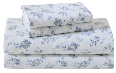 Laura Ashley - Full Sheet Set, Cotton Flannel Bedding, Brushed for Extra Softness & Comfort (Audrey Blue, Full)