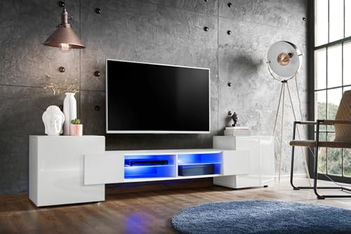 Komodee, Meuble Banc TV Merano, Blanc, Largeur 230 cm x Hauteur 52,5 cm x Profondeur 35 cm, sans LED, pour Salon, Chambre