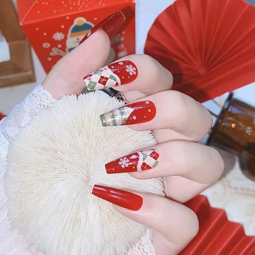 False Nails for Christmas, Acrylic Stick on Nails, 24pcs Maggidea Long Coffin Red Press On Nails Ballet Fake Nails with Glue Sticker for Women and Girls Gift (D)