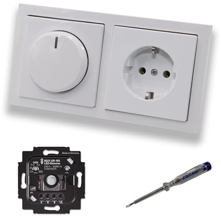 Busch Jäger 6523UR-103 LED Drehdimmer Dimmer + Dimmerscheibe 6540-84-102 und Steckdose 20EUC-84 in Future Linear Studioweiß glänzend inklusive EBROM Phasenprüfer zur Montage der Geräte 6523 UR-103