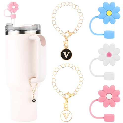 3pcs Couvercle de Paille pour Stanley 30/40oz Tasse, 10mm Bouchon de Paille en Silicone Fleur & 2pcs Personnalisées Lettre Charmes d'Identification/Nom Straw Cover Accessoires pour Gobelets(V)