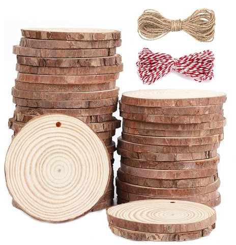 Wood Slices - 20Pcs Unfinished Natural Wood Discs, 6-7 CM Predrilled Log Slices Wooden Circles with Hole and 2 Ropes, Wooden Slices for Crafts DIY Wedding Decorations Christmas Ornaments Coasters