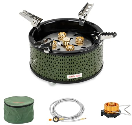 ONLYFIRE Fornello a gas portatile da campeggio con borsa portaoggetti e staffe pieghevoli, fornello da campeggio a 5 fuochi, 3 adattatori per carburante, stufa a propano per cucinare all'aperto,