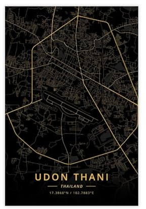 Udon Thani Thailand Stadtkarten-Poster, Leinwand-Poster, Schlafzimmer-Dekor, Sportlandschaft, Büro, Raumdekoration, Geschenk, ungerahmt, 30 x 45 cm