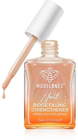 Modelones Nail Care 8 in one Ridge Filling Strengthener Treatment, Nail Polish Strengthener for Damaged and Weak Nails, Nail Hardener Extra Strong and Growth Smoothing Glitter Nude Nail Varnish 15ml