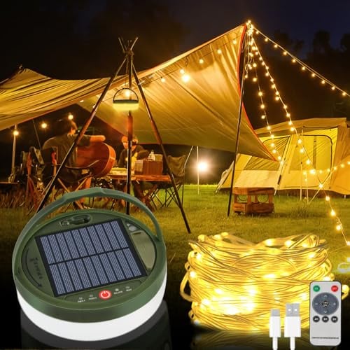 Bowfar Solar Camping Lichterkette Aussen 13M, 3600mAh Aufrollbar Campinglampe Solar mit Fernbedienung und USB Wiederaufladbare